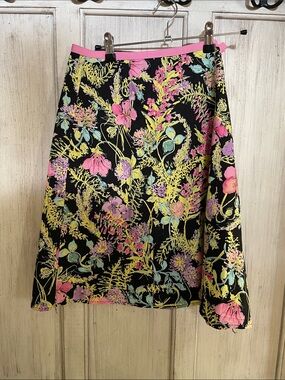 Black Floral A-Line Skirt with Pink Trim